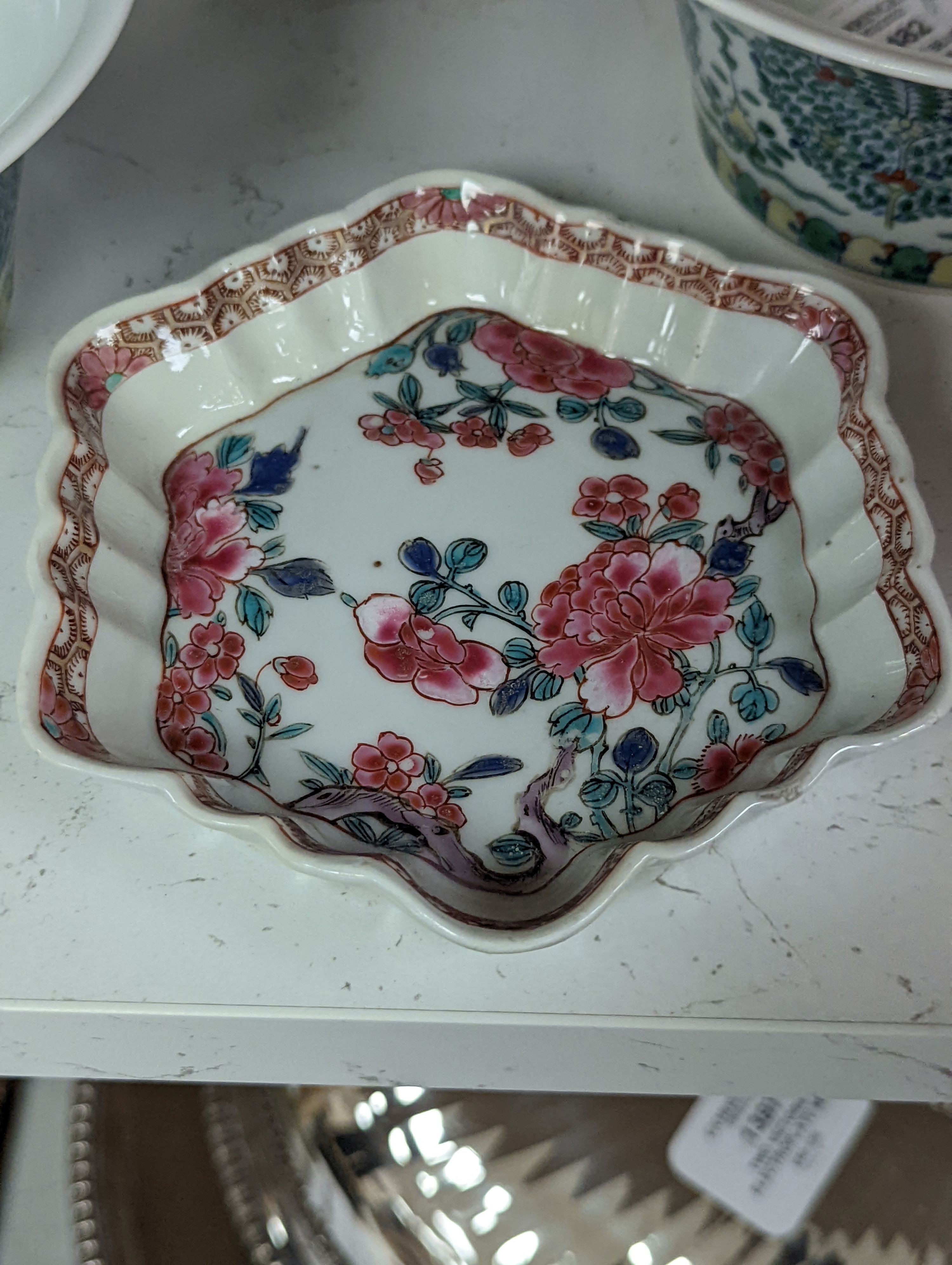 A Chinese blue and white bowl, Kangxi, 15cm. diam., a famille rose teapot stand, Yongzheng, and two doucai bowls